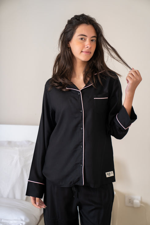 Women Summer Pajama Set Black buttoned shirt + Pants